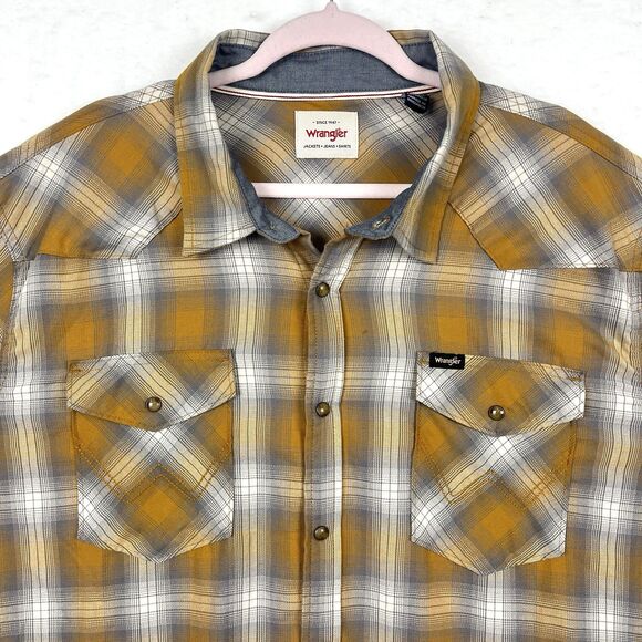 Wrangler Plaid Shirt Men’s 2XL Orange Gray Flap Pockets snap Lightweight Flannel - Picture 4 of 13